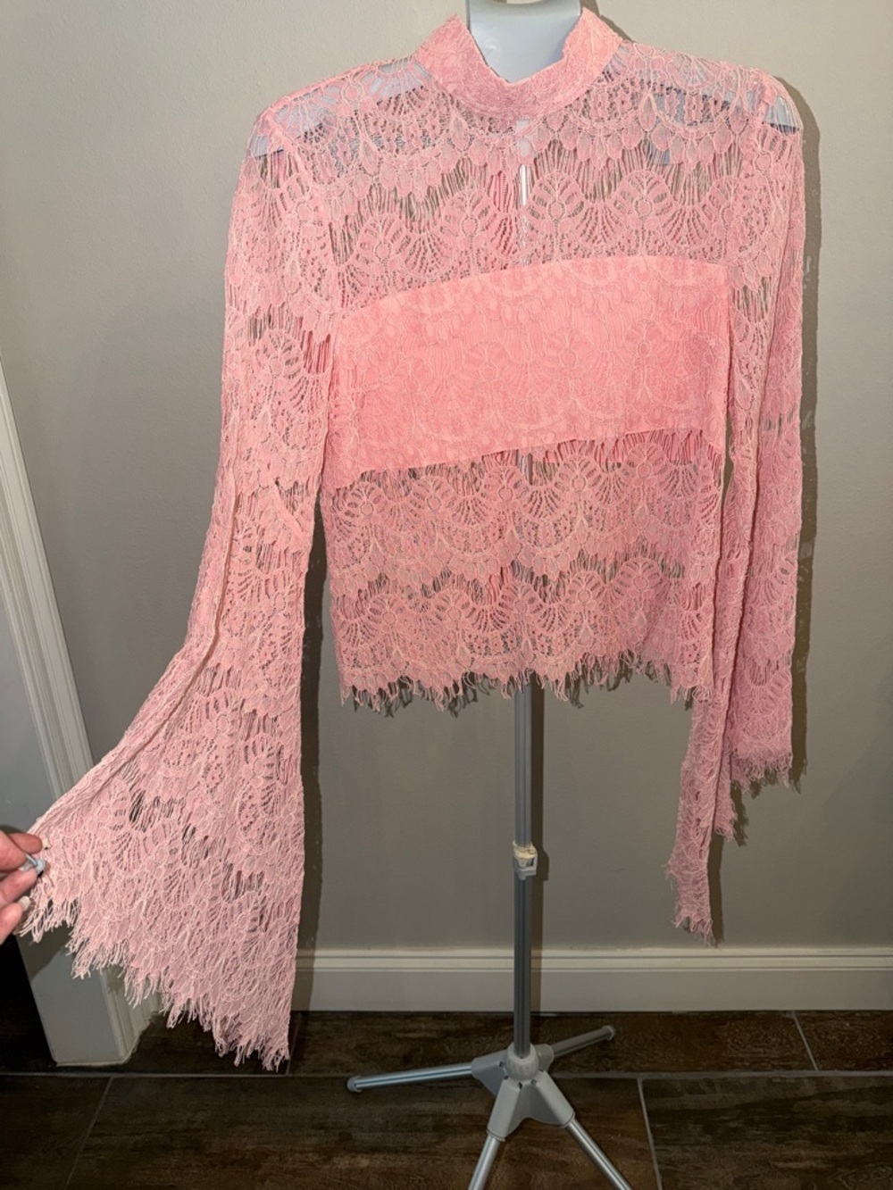 MINKPINK Barbie Pink Lace Long-Sleeve High-Neck Blouse
